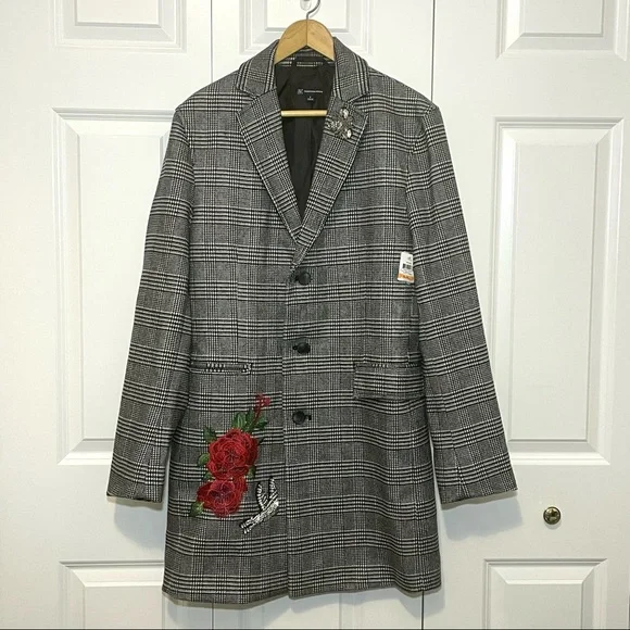 INC Glen Plaid Pea Coat Black White Embellished Small Rose Embroidery - Picture 11 of 12